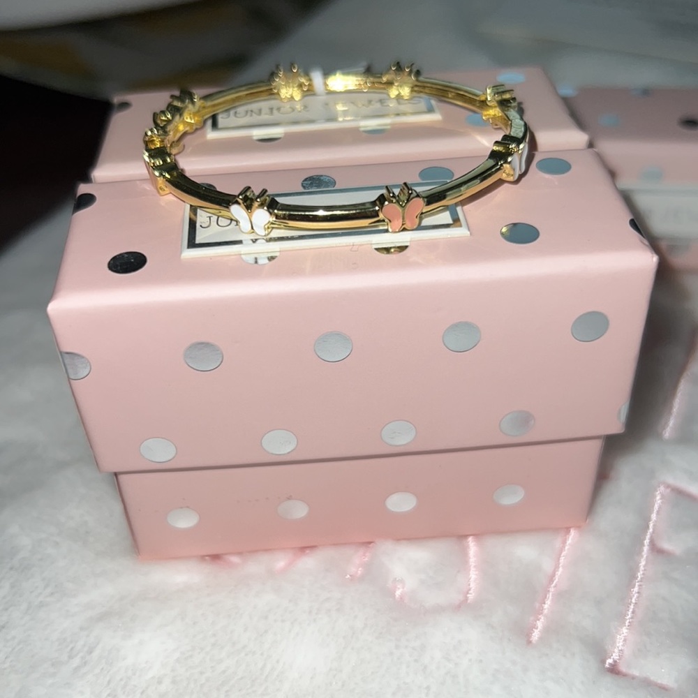 Children’s Bracelet by Junior Jewels, Gold Bangle w/Pink/White Butterflies, NWT